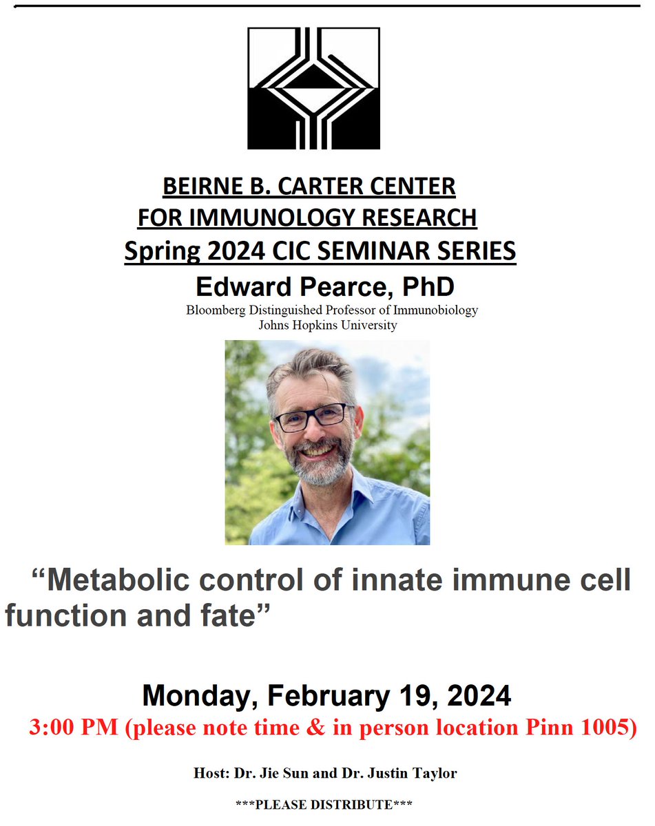 UVAimmunology (@uvaimmunology) on Twitter photo Please join us Monday, February 19th, at 3:00 PM in PH 1005, as we welcome Dr. Edward Pearce <a href="/JohnsHopkins/">Johns Hopkins University</a> as our CIC speaker! Please join us Monday, February 19th, at 3:00 PM in PH 1005, as we welcome Dr. Edward Pearce <a href="/JohnsHopkins/">Johns Hopkins University</a> as our CIC speaker!