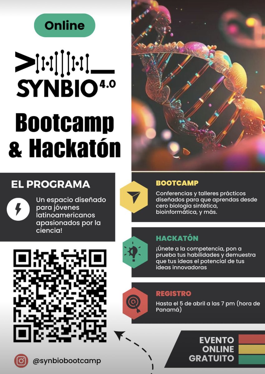 Estudiantes de colegio y universitarios que quieran aprender de #biologíasintética! 🧬 participen en este bootcamp (Online y es gratis pero requiere registro) Más info en instagram @synbiobootcamp