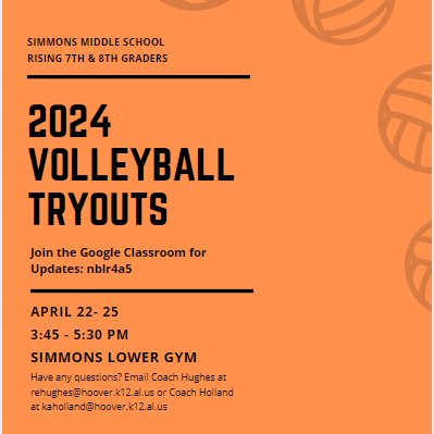 Simmons Middle (@simmonsbucs) on Twitter photo Current 6th and 7th grade bucs, are you interested in trying out for the 24-25 SMS Volleyball team? See the flyer and Coach Hughes or Lennon for more information. Go BUCS! 🧡🖤 <a href="/simmonsbucs/">Simmons Middle</a> Current 6th and 7th grade bucs, are you interested in trying out for the 24-25 SMS Volleyball team? See the flyer and Coach Hughes or Lennon for more information. Go BUCS! 🧡🖤 <a href="/simmonsbucs/">Simmons Middle</a>
