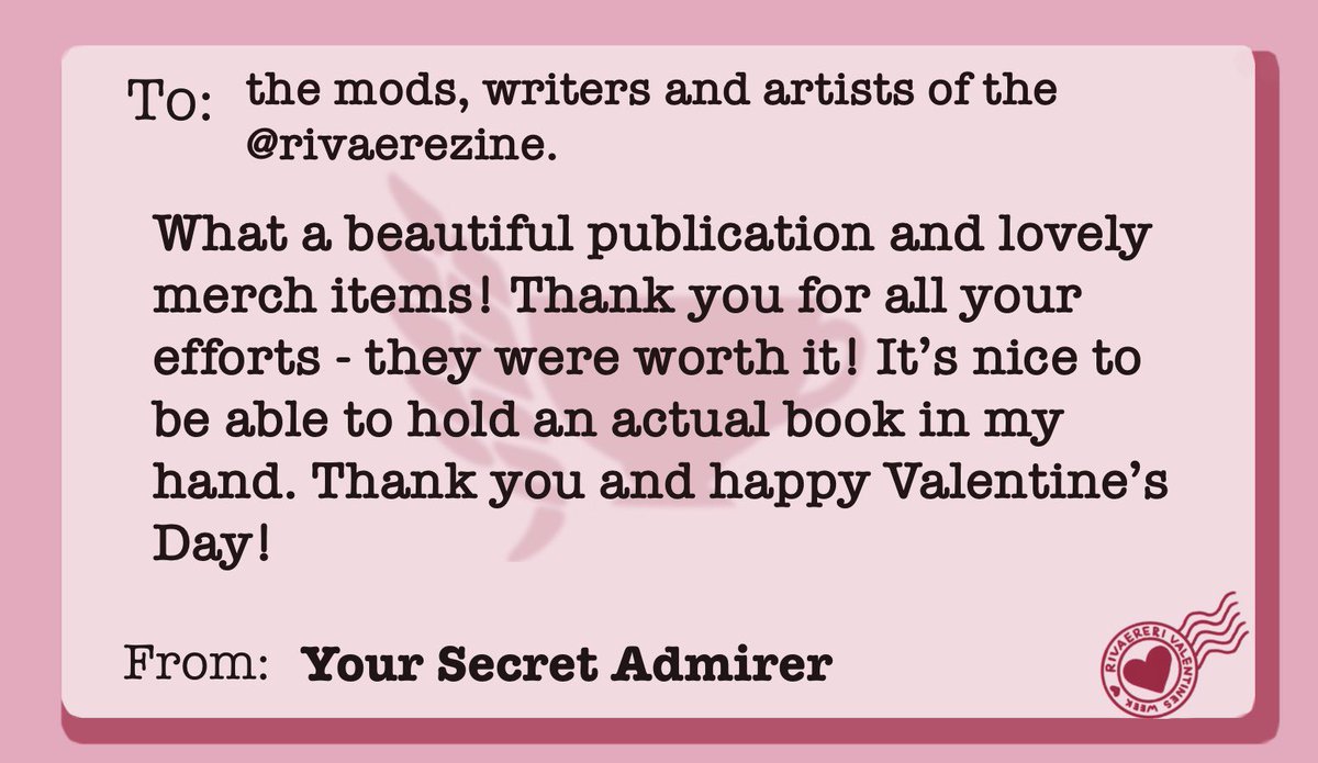 <a href="/RivaereZine/">Sovereign Bells: A Rivaere Zine-Preorders Closed</a> come get your praise!!! The zine was amazing and someone was eager to let everyone know!!!🌸💐