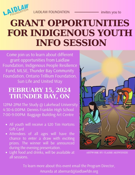 Are you an Indigenous youth in ThunderBay? Come visit us and other funders tomorrow and share your opinion! Thank you @laidlawfdn for organizing!