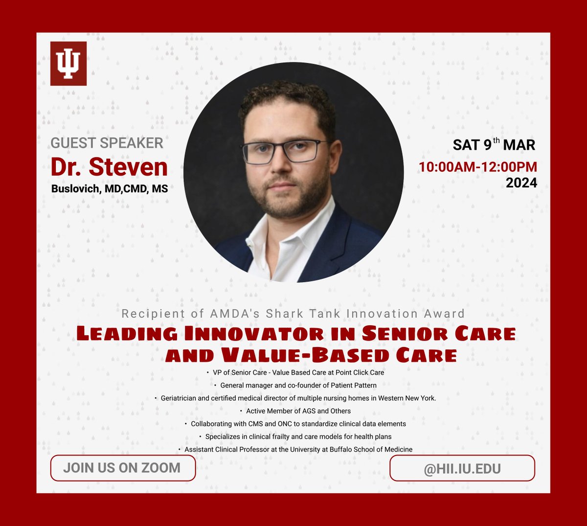 🎉 Let's celebrate the brilliance of one of our exceptional speakers, Dr. Steven Buslovich! 🌟

Join us for our highly anticipated Speaker Series on March 9th at 10 AM via Zoom!

Secure your spot now: bit.ly/3QpC7RD 🚀

#HealthcareTransformation #Innovation