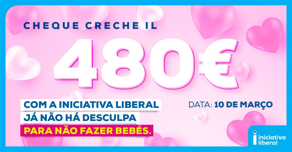 LiberalPT's tweet photo. 💘 COM A INICIATIVA LIBERAL JÁ NÃO HÁ DESCULPA PARA NÃO SE TER BEBÉS
No dia dos namorados oferece um cheque-cresce IL, a colectar no dia 10 de Março.
Poder escolher a creche dos filhos é uma ambição de todas as famílias com crianças pequenas.
A Iniciativa Liberal propõe no seu programa um cheque mensal de 480€ por criança para que possa ser gasto numa creche pública, privada ou social.
O programa de "gratuitidade" das creches - Creche Feliz, apesar de incluir as creches da rede privada, restringe a efetiva liberdade de escolha das famílias. Por um lado, restringe as creches privadas às localizadas no concelho de residência ou do local de trabalho, podendo resultar em deslocações superiores às necessárias e numa creche que não se adapte à realidade das famílias. Por outro lado, as creches privadas só podem ser consideradas se houver falta de vagas abrangidas pela "gratuitidade" na rede social e solidária.
A Iniciativa Liberal propõe um programa de acesso às creches que se paute pela efetiva liberdade de escolha das famílias da criança. Com esta solução, será possivel escolher qualquer creche integrante deste programa, independentemente do concelho a que se pertença ou da natureza administrativa da creche ser social ou privada.
A medida pressupõe um cheque creche com valor mensal correspondente a 90% do IAS em vigor em cada ano, não podendo todavia ser inferior a 480€.
Com a Iniciativa Liberal Portugal tem futuro.
#PortugalComFuturo
