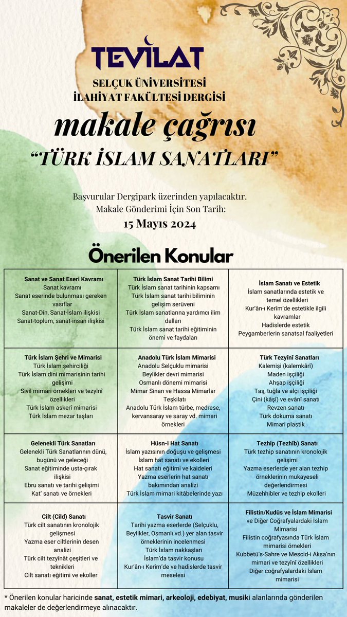 tevilat's tweet photo. Selçuk Üniversitesi İlahiyat Fakültesi tarafından çıkarılan TEVİLAT isimli dergimiz 9. Sayı (Haziran 2024) için “TÜRK İSLAM SANATLARI” temalı makale kabulüne başlamıştır.
Makale gönderimi için son tarih: 15 Mayıs 2024
Katkılarınızı bekleriz. https://t.co/r8xDimvWVd