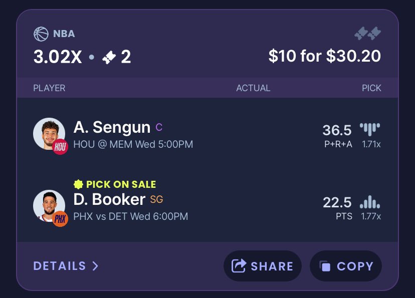 heemsports1's tweet photo. Devin Booker discount pair 🏀🔥
Pairing with Sengun u36.5 PRA (-120) 🔒
-Under 5/6 matchups vs MEM
-Under 9/L10 away games
-Under 7/L10 games
Stats by @OutlierDotBet 📊
We cashed yesterday Sleeper discount slip, let’s run it back📈
#SleeperPicks #sleeperDSF #SleeperApp https://t.co/3G62OZMPT3