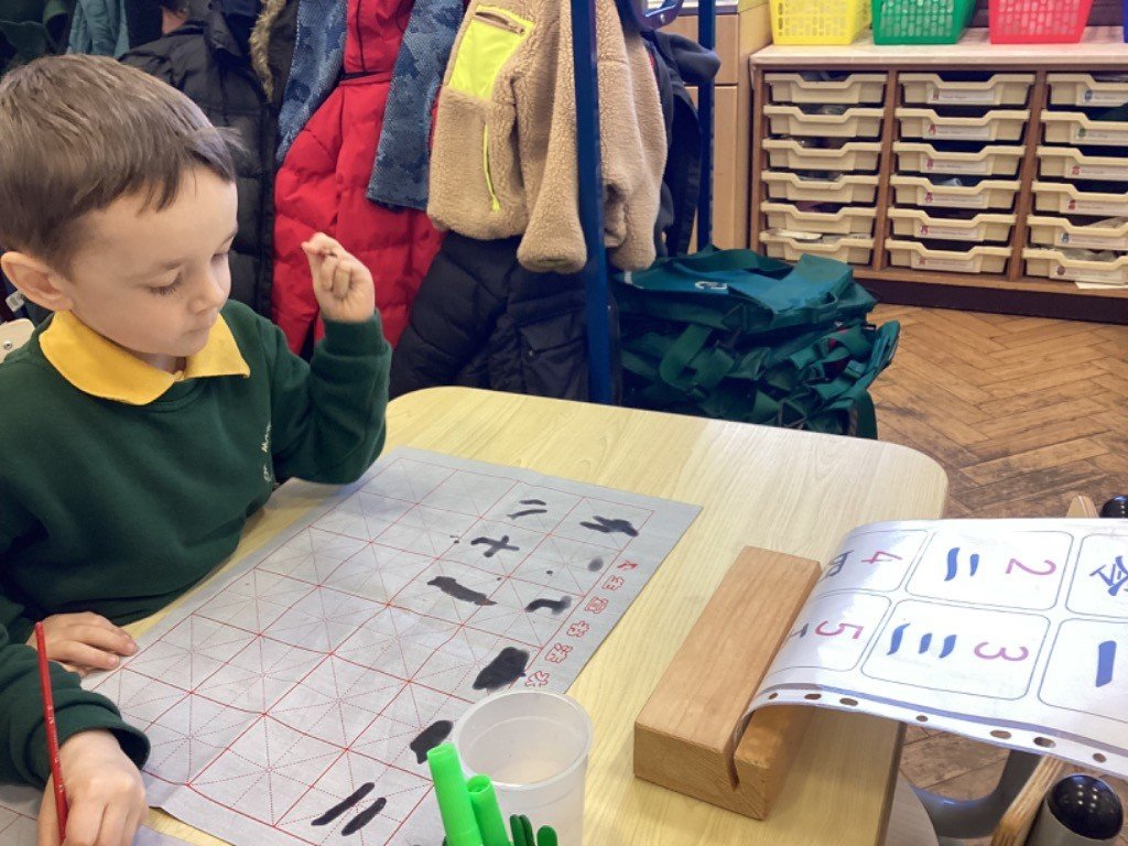 FS2Markeaton's tweet photo. We have been painting Mandarin numerals onto special Chinese writing paper. We couldn’t wait to have a go! Some of them were much easier to copy than others! #MPSUW https://t.co/mlqQ4ZosZv
