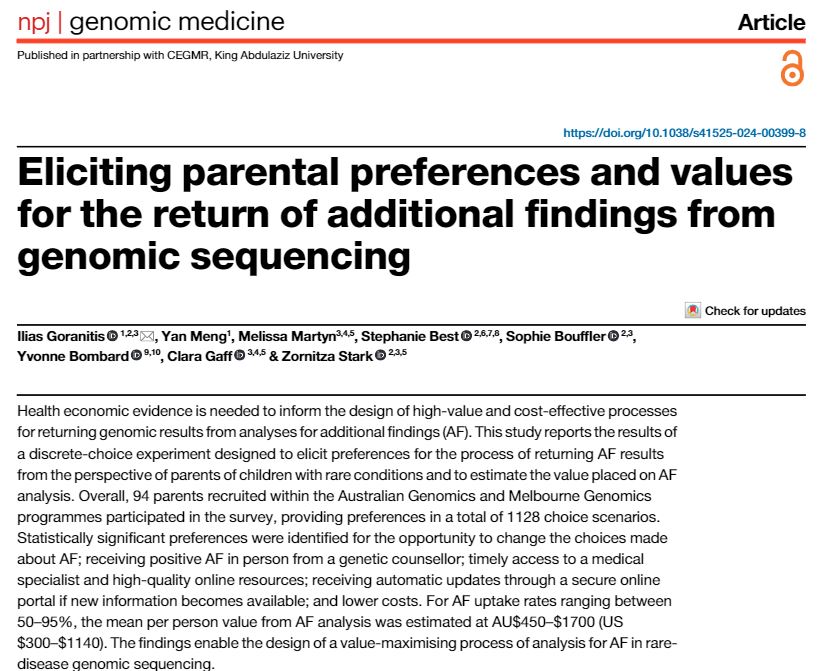 Ilias Goranitis (@iliasgoranitis) on Twitter photo 🆕paper:
Eliciting parental preferences and values for the process of returning #additional_findings from #genomic_sequencing
rdcu.be/dyDkq
with <a href="/ZornitzaS/">Prof Zornitza Stark</a> <a href="/ClaraGaff/">Prof Clara Gaff</a> <a href="/YvonneBombard/">Dr. Yvonne Bombard</a> <a href="/drstephbest/">Stephanie Best</a> <a href="/sophbouff/">Sophie Bouffler</a> <a href="/YanMeng27/">Yan Meng</a>
<a href="/AusGenomics/">Australian Genomics</a> <a href="/MelbGenomics/">Melbourne Genomics Health Alliance</a> <a href="/EiGEN_UoM/">Economics of Genomics and Precision Medicine Unit</a> 🆕paper:
Eliciting parental preferences and values for the process of returning #additional_findings from #genomic_sequencing
rdcu.be/dyDkq
with <a href="/ZornitzaS/">Prof Zornitza Stark</a> <a href="/ClaraGaff/">Prof Clara Gaff</a> <a href="/YvonneBombard/">Dr. Yvonne Bombard</a> <a href="/drstephbest/">Stephanie Best</a> <a href="/sophbouff/">Sophie Bouffler</a> <a href="/YanMeng27/">Yan Meng</a>
<a href="/AusGenomics/">Australian Genomics</a> <a href="/MelbGenomics/">Melbourne Genomics Health Alliance</a> <a href="/EiGEN_UoM/">Economics of Genomics and Precision Medicine Unit</a>