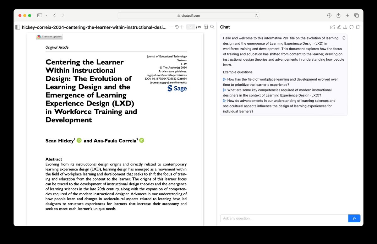 Conducting #research? #genAI-powered tools like <a href="/ChatPDF/">ChatPDF</a> and the AI assistant from <a href="/benevolent_ai/">BenevolentAI</a> can be used to automate literature reviews by summarizing journal articles and providing a chatbot interface to ask questions and clarify findings. 

#OETC24 #ArtificialIntelligence