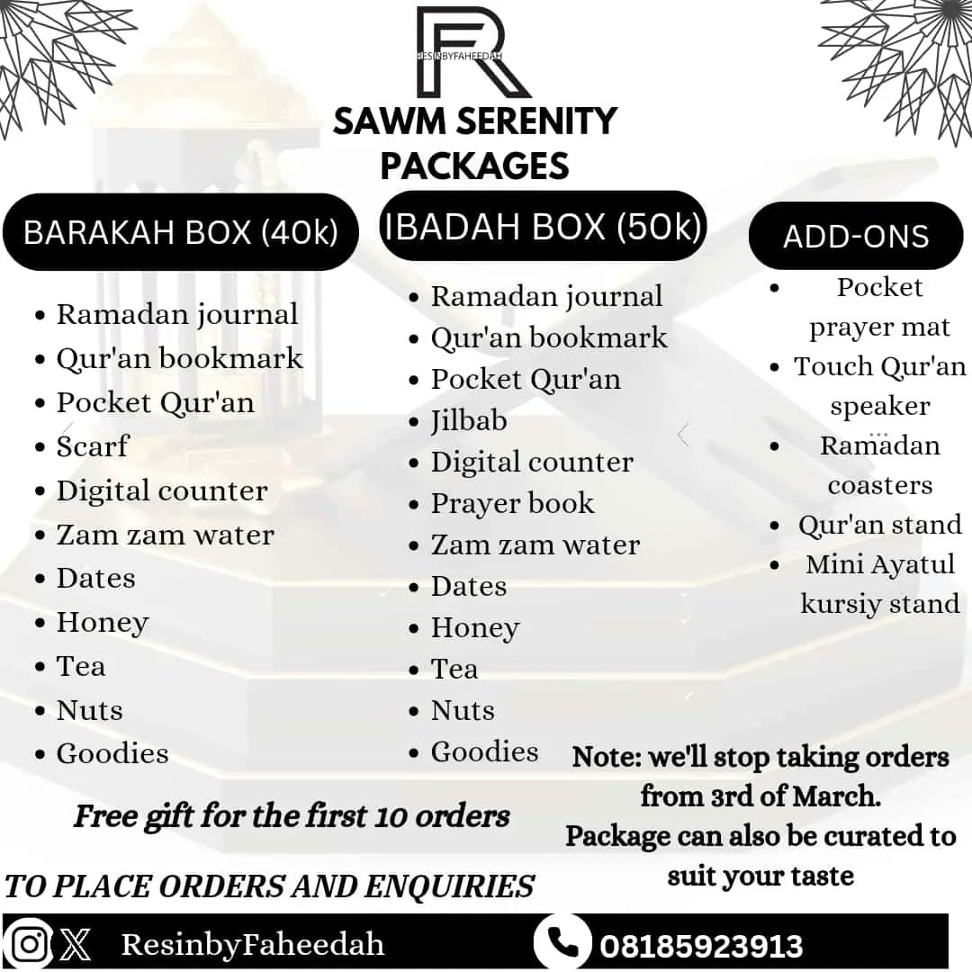 ResinbyFaheedah's tweet photo. Bismillah... 

As the Holy month of Ramadan approaches, we  present our exclusive Ramadan package. 

Our Ramadan package is more than just a collection of products . It embodies the essence of Ramadan – a time of self-reflection, compassion, and devotion.

Pls rt https://t.co/bTYuAcdet4