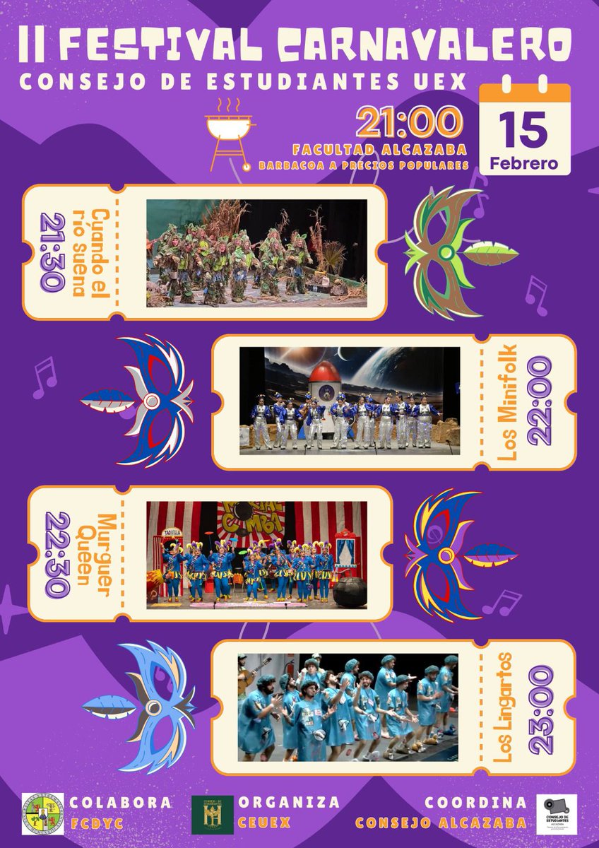 Hernán el extremeño (@hernanext) on Twitter photo Este jueves en Badajoz... 🎉
II Festival Carnavalero <a href="/CEUEX_/">Consejo Estudiantes UEx</a>
Con @Guadito_ <a href="/murga_minifolk/">Murga Los Mini-Folk</a> <a href="/MurguerQueen/">Murguer Queen</a> y <a href="/MurgaLingartos/">Murga Los Lingartos 🦎</a> 🎭 Este jueves en Badajoz... 🎉
II Festival Carnavalero <a href="/CEUEX_/">Consejo Estudiantes UEx</a>
Con @Guadito_ <a href="/murga_minifolk/">Murga Los Mini-Folk</a> <a href="/MurguerQueen/">Murguer Queen</a> y <a href="/MurgaLingartos/">Murga Los Lingartos 🦎</a> 🎭