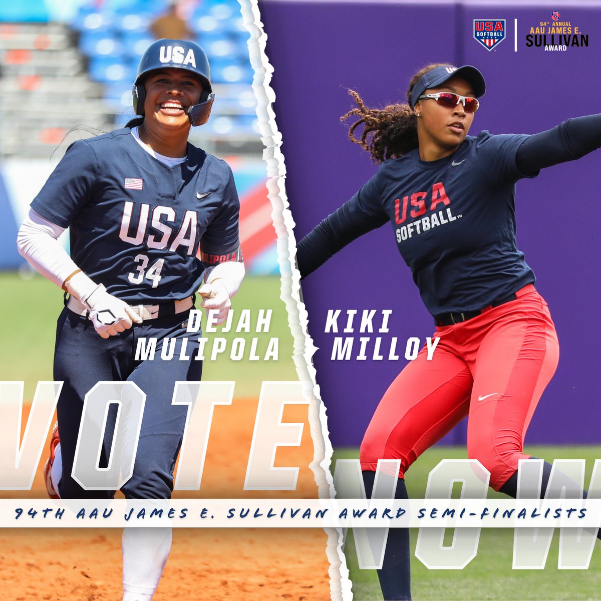 #USASoftball is proud to announce that U.S. WNT members, 𝗗𝗲𝗷𝗮𝗵 𝗠𝘂𝗹𝗶𝗽𝗼𝗹𝗮 & 𝗞𝗶𝗸𝗶 𝗠𝗶𝗹𝗹𝗼𝘆, have been named 𝙎𝙚𝙢𝙞-𝙁𝙞𝙣𝙖𝙡𝙞𝙨𝙩𝙨 for the @TheRealAAU Sullivan Award 🔥 Voting closes Wednesday, February 21 ‼️ 🚨 𝗩𝗢𝗧𝗘 𝗡𝗢𝗪! → bit.ly/94thsullivanse…