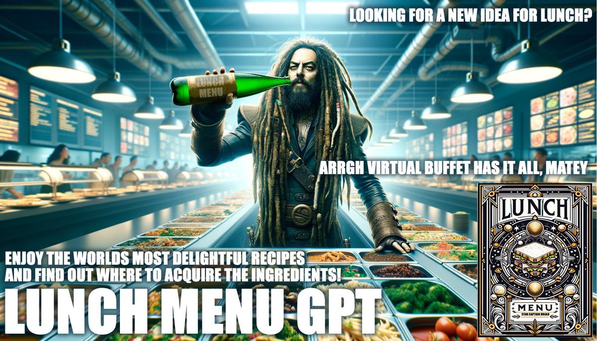 StarCptnDread's tweet photo. Everybody gotta eat! In 2024, its time we all eat good!
I've scoured the world & built tools for yarr stomachs!
#StarshipEarth Meet my newest #GPT4 tools! #Food
The World's Recipe Book #recipes #recipeoftheday
Breakfast Menu #breakfast
https://t.co/3GjQLyCEpS
Lunch Menu #lunch
https://t.co/wl80a1lyGd
Dinner Menu #dinner
https://t.co/GF4OFQpON9
Dessert Menu #dessert
https://t.co/Qo7TT490Sv