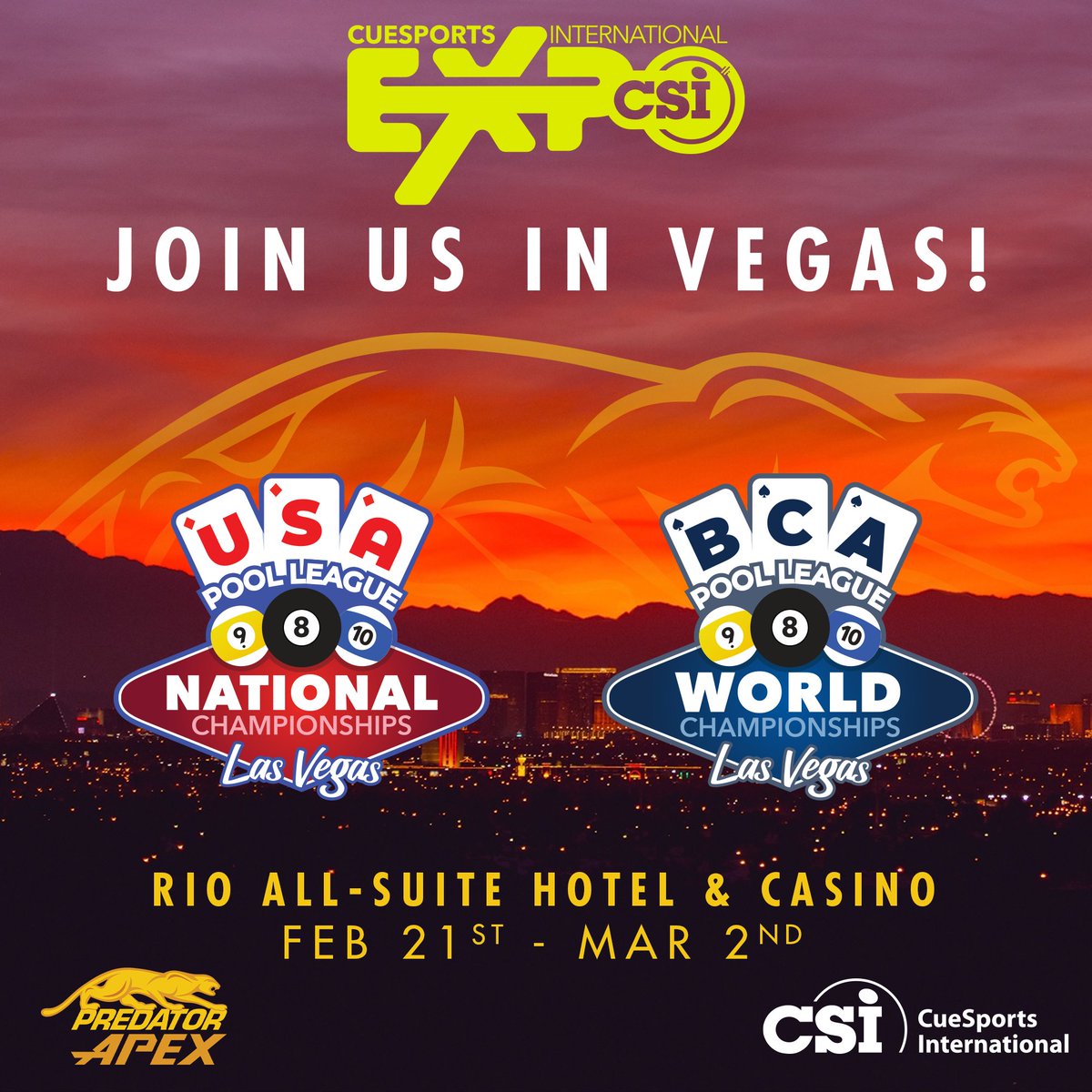 Visit us next week in Vegas! 🤩 Stop by our booth during CueSports International - CSI Expo, we'd love to see you there! Take the tournament home: predatorcues.me/49BaxsQ Learn more about the event: predatorcues.me/3OJBoLk #Vegas #CueSports #PredatorCues