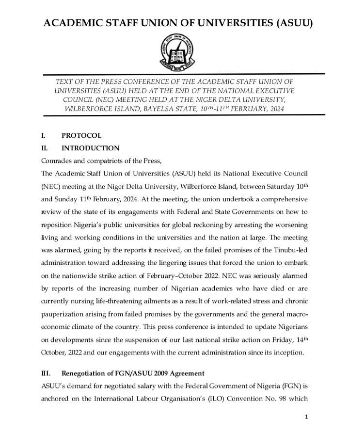 ASUU_UNILAG's tweet image. Text of the press conference by the leadership of our Union at the end of the last National Executive Council meeting (13th of February, 2024) addressing 11 pertinent issues including - Renegotiation of the FGN/ASUU 2009 Agreement, Witheld Salary, ...