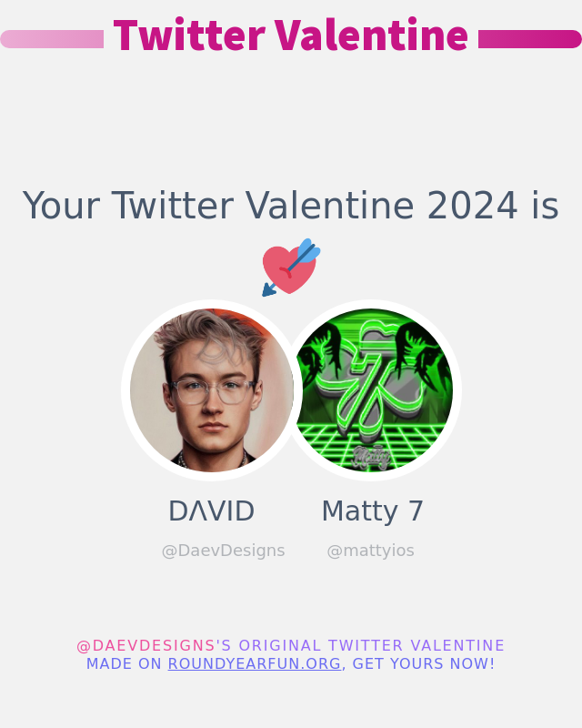My Twitter Valentine 2024 is going to be: @mattyios

➡️ funxgames.me/twittervalenti… #valentinesday2024 #ValentinesDay