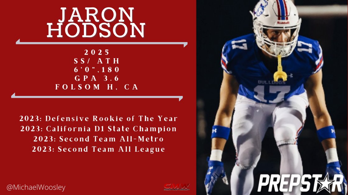 MichaelWoosley's tweet photo. At Strong Safety Jaron processes reads quickly and uses his 4.4 speed to react full tilt. Hodson has a very high football IQ and knows how to play assignment football. After the 2023 State Championship season he was named Second Team All League. https://t.co/orkC0MZY6C