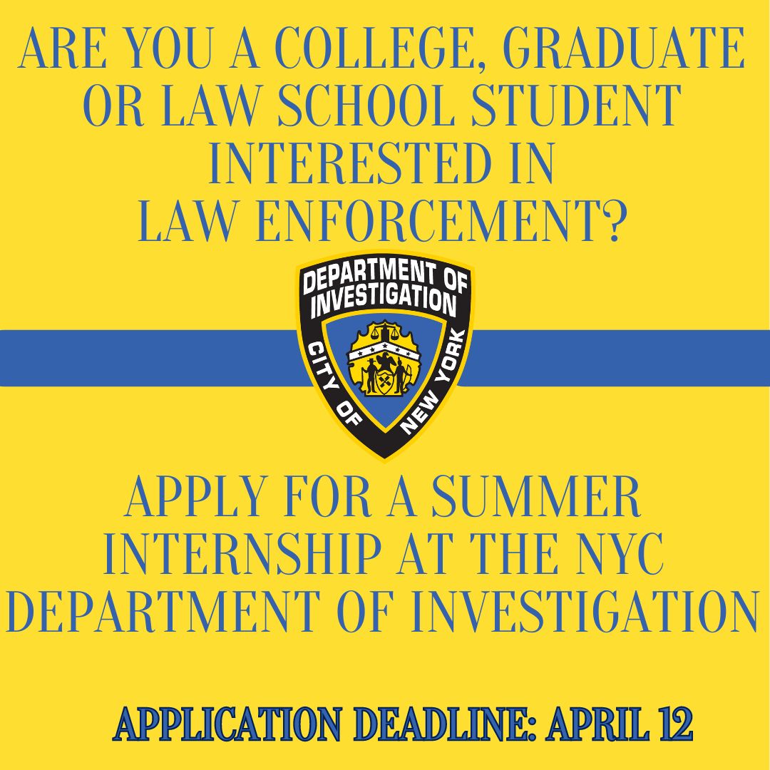 DOI is now accepting applications for its summer internship program through April 12. Find out more about DOI’s investigative, legal, data analytics and information technology internships and how to apply here: nyc.gov/site/doi/about…