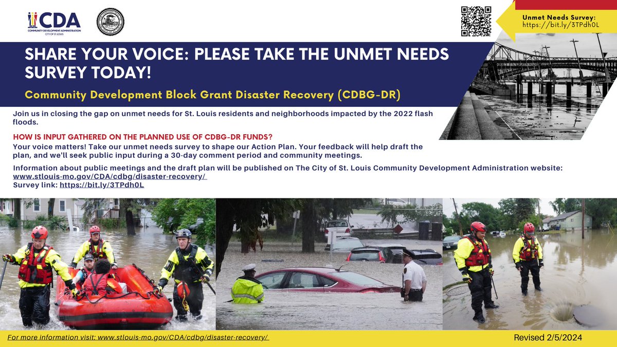 Calling all St. Louis City residents to share your voice: the City of St. Louis has received Community Development Block Grant Disaster Recovery funding related to the 2022 flash flooding. They are currently gathering community input Find out more at stlouis-mo.gov/CDA/cdbg/disas…