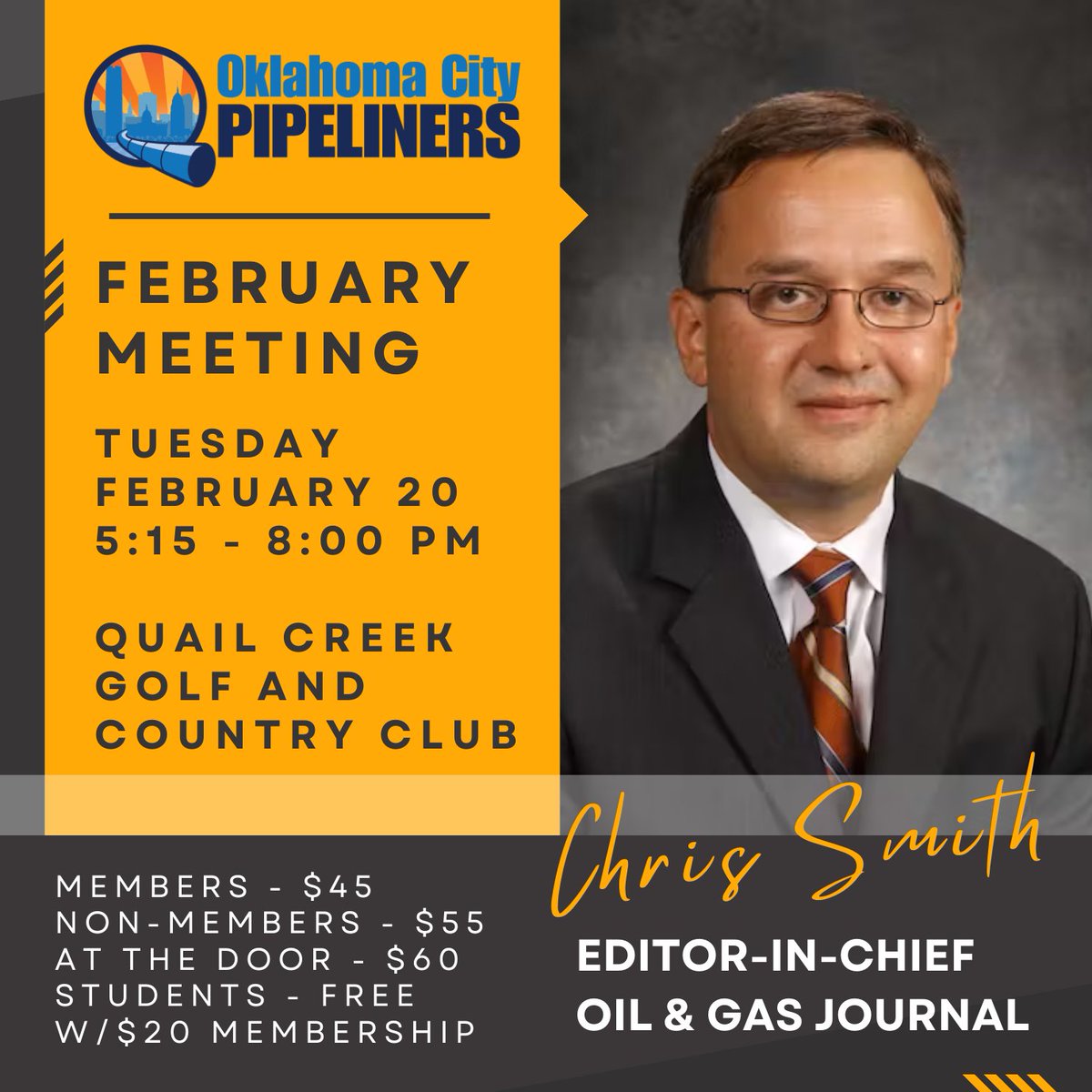 okcpipeliners's tweet photo. Our February meeting with Chris Smith, Editor-in-Chief of @OGJOnline is just around the corner. Join us for some great networking and guest speaker! https://t.co/COZRivlt20