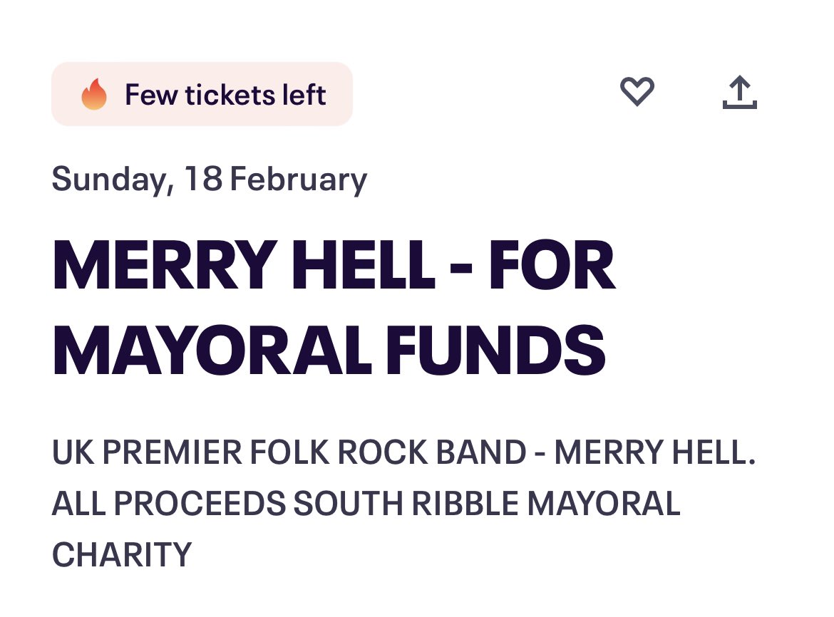 You want to watch Merry Hell, you want to see a UK premier Folk Rock Band - you want to raise money for deserving causes - in Preston? Well now you can do all 3 in one go. But hurry because besides telling us all the above, Eventbrite are saying there are very few tickets left!