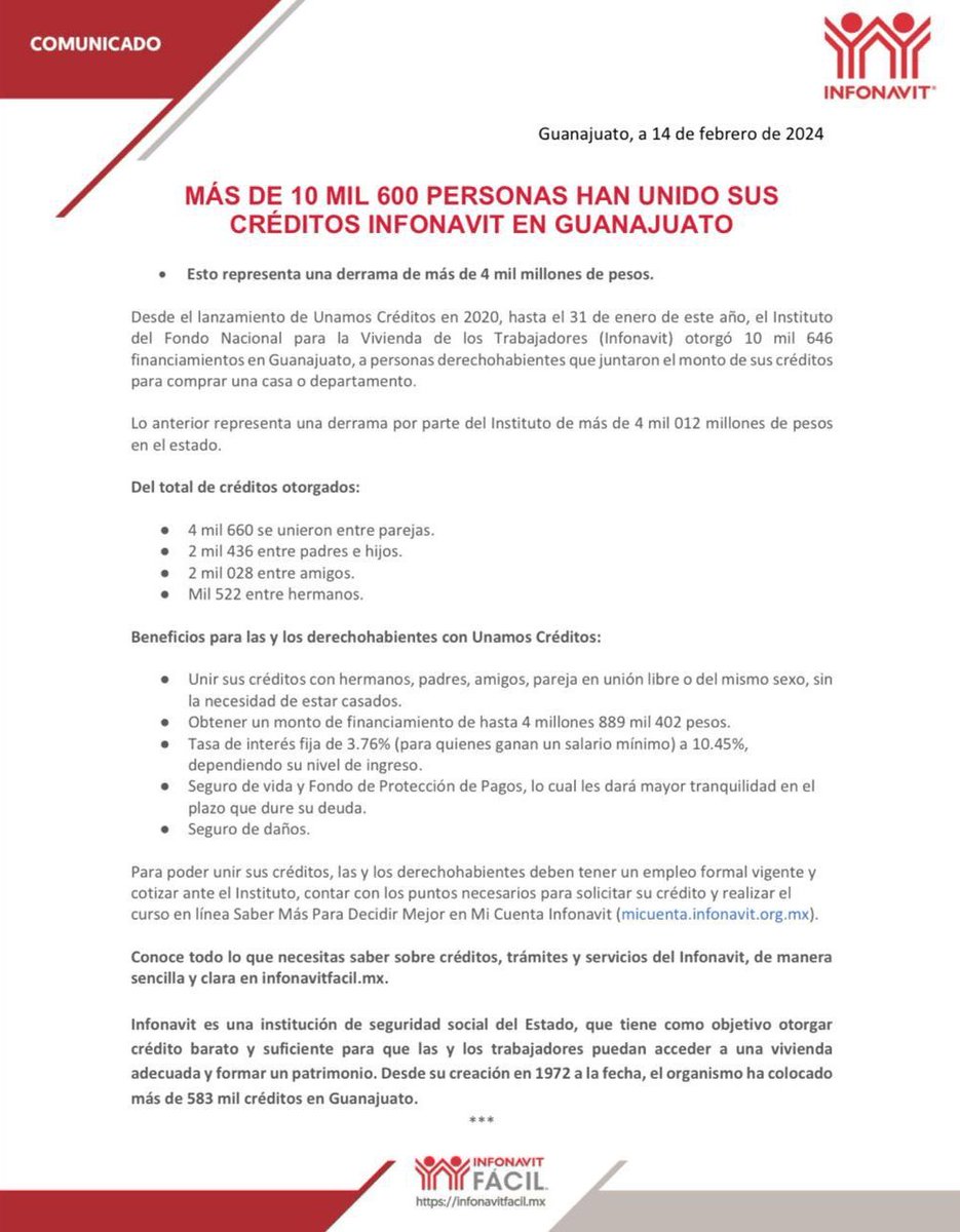 GusPintos27's tweet photo. #SabíasQue 👀 más de 4 mil 600 créditos @Infonavit fueron unidos por parejas guanajuatenses 👥 entre 2020 y el 31 de enero de 2024.

Puedes juntar tu crédito con el programa #UnamosCréditos 🏠 con familiares, amigos, pareja o con quien tú quieras. https://t.co/8xJIzATpPS