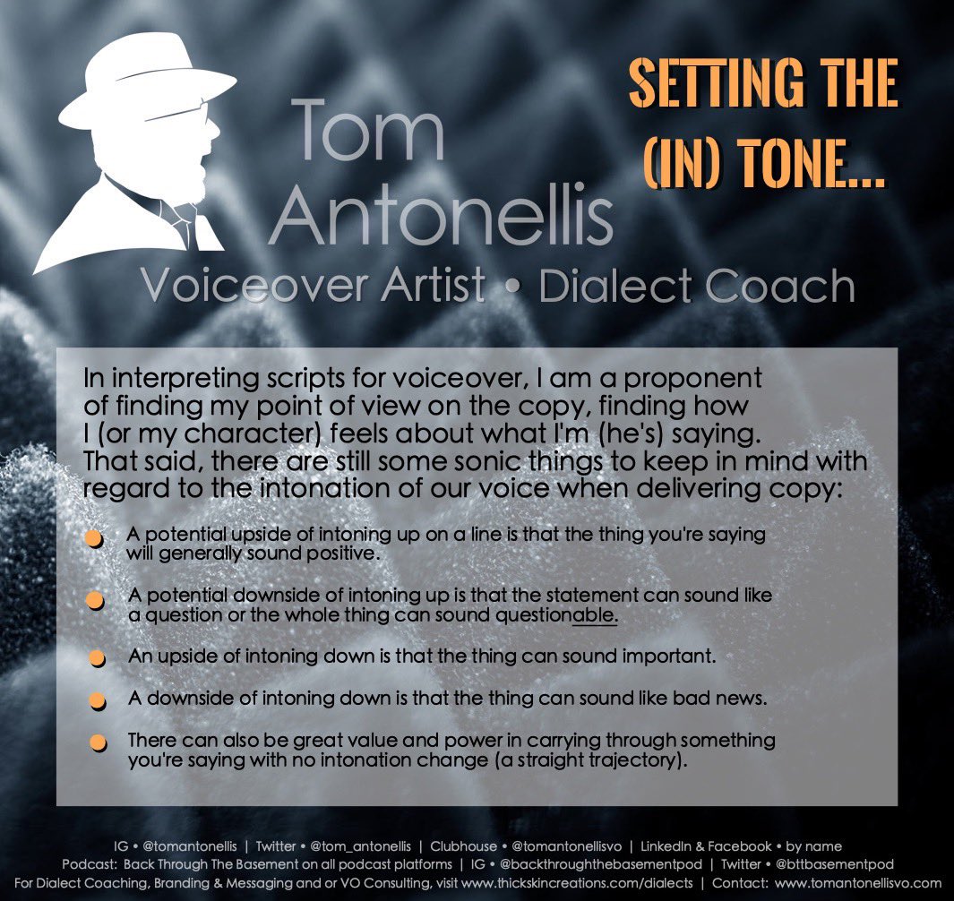 tom_antonellis's tweet photo. In interpreting scripts for #voiceover, I’m a proponent of finding my point of view on the copy, finding how I (or my character) FEELS about what I’m (he’s) saying. That said, there are still sonic things to keep in mind w/ #intonation of voice when delivering copy. Tips in pic. https://t.co/ZMDJ5ebuzt
