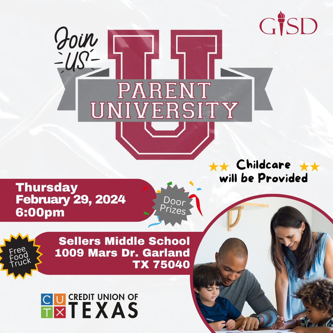 Join us for the 2024 Parent University! There will be a number of sessions available for parents ranging from enrollment, to testing and college courses. Sponsored by Credit Union of Texas, there will be free food trucks, door prizes, and childcare will also be provided. Make