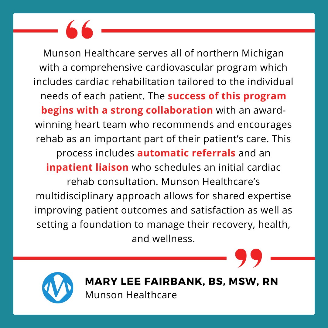 Munson Healthcare is a top performer in the state for #cardiacrehab participation, proving that the Million Hearts goal of 70% participation is achievable. Be sure to attend future MiCR meetings to learn about successful CR QI initiatives from Munson and other peer institutions.