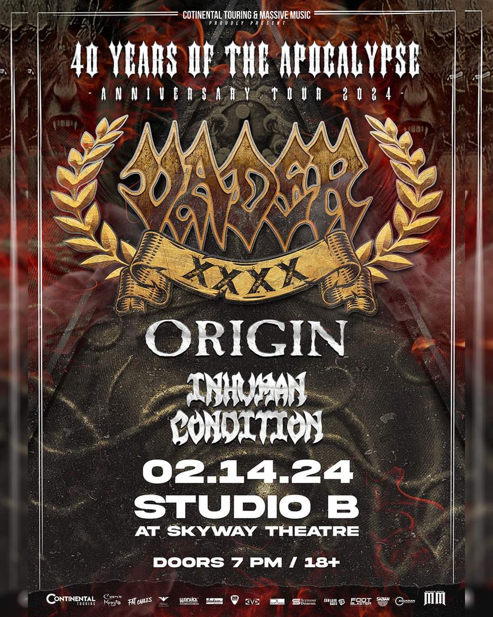 TerryButler67's tweet image. The 40 Years of the Apocalypse Anniversary Tour with
 Vader  Origin  &amp;amp; 
Inhuman Condition is taking over Studio B !!!

Get your asses down here !!
skywaytheatre.com/event/vader/

#ratgod #panicprayer #fearsick #floridadeathmetal #getoffyourass #godzilla