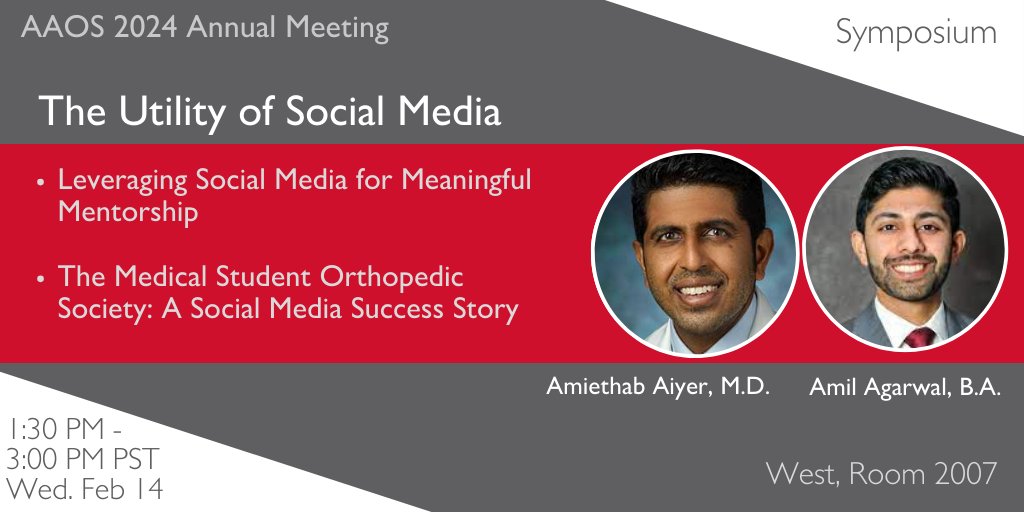 Get ready #AAOS2024, Dr. Amiethab Aiyer and research fellow Amil Agarwal @amilragarwal will be joining others at this symposium to discuss the benefits of social media in #residency and beyond. #orthoresidents #SocialMediaInMedicine