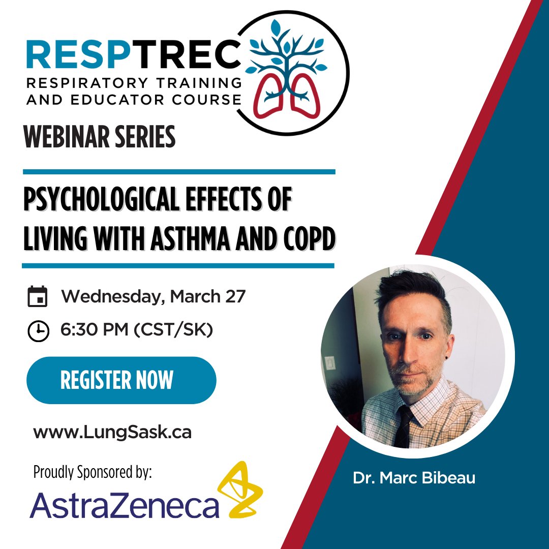 Join our first webinar in the 2024 RESPTREC Webinar Series! Dr. Marc Bibeau will discuss the Psychological Effects of Living with Asthma and COPD on Wednesday, March 27 at 6:30pm. Don't miss this! REGISTER NOW at lungsask.ca/events/240 Proudly sponsored by @AstraZenecaCA