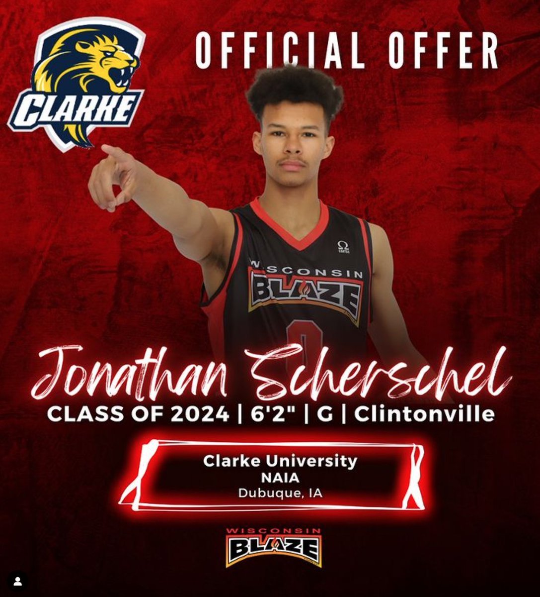 Congratulations to Jonathan Scherschel (Class of 2024 | Clintonville | 6’2” G) on receiving an official offer to continue his athletic career at NAIA Clarke University! Thank you to all of the coaches and staff at Clarke for the offer! #BeTheFlame🔥🏀 <a href="/Jonscherschel/">Jonathan scherschel</a> <a href="/ClarkeMBB/">Clarke Pride Men's Basketball</a>