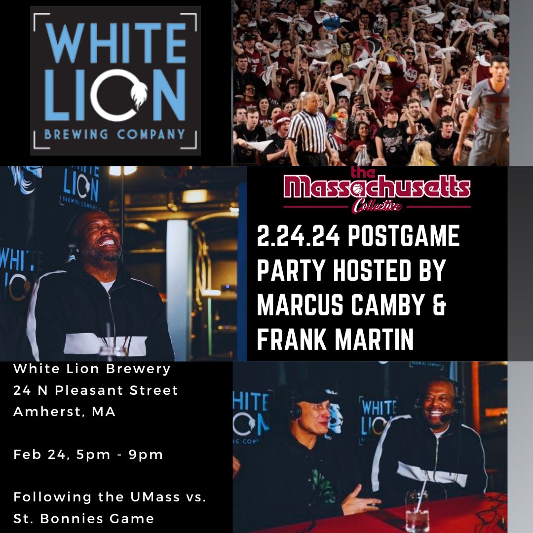 The Massachusetts Collective (@themassco) on Twitter photo 🚨 We’re going BIG TIME again with <a href="/MarcusCamby23/">Marcus Camby</a> & <a href="/coachFMartin/">Frank Martin</a> on Sat 2/24 at <a href="/WhiteLionBrew/">White Lion</a> #AmherstMA following the <a href="/UMassMBB/">UMass Men's Basketball</a> vs. St. Bonnie’s Game
🎉 Postgame Party
🍽 Delicious Food
🍺 White Lion Beer
🎶 DJ Hec
🏀 & more special guests 👀
See you there! #UMass #NIL 🚨 We’re going BIG TIME again with <a href="/MarcusCamby23/">Marcus Camby</a> & <a href="/coachFMartin/">Frank Martin</a> on Sat 2/24 at <a href="/WhiteLionBrew/">White Lion</a> #AmherstMA following the <a href="/UMassMBB/">UMass Men's Basketball</a> vs. St. Bonnie’s Game
🎉 Postgame Party
🍽 Delicious Food
🍺 White Lion Beer
🎶 DJ Hec
🏀 & more special guests 👀
See you there! #UMass #NIL