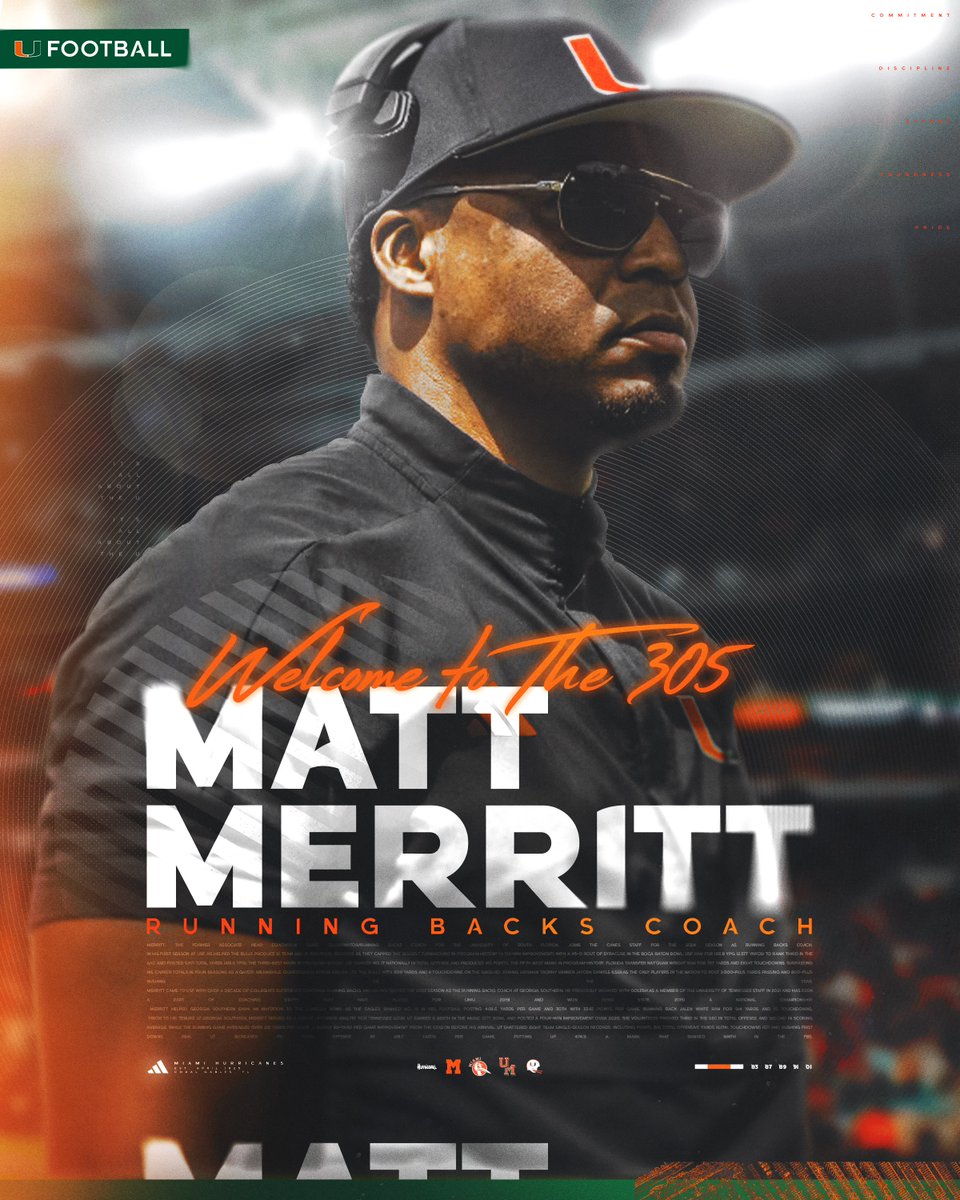WELCOME TO MIAMI 🙌 @coach_merritt is the new leader of our running backs room. Read more: canes.news/CoachMerritt