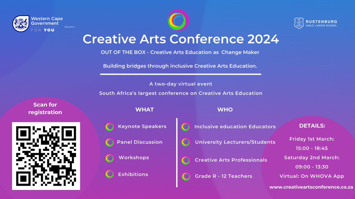 Have you registered yet? Head over to creativeartsconference.co.za now. Don't miss out! <a href="/HPMarais1/">Hendrik Marais</a> <a href="/T_Pee7/">Thapelo Phukuje</a> <a href="/PamHeiberg/">PAM HEIBERG</a> <a href="/Catherine86Pike/">Catherine Pike</a> <a href="/WCEDnews/">WCEDNews</a> <a href="/AninaLundie/">Anina Lundie</a> <a href="/KarenR_Dudley18/">Karen Dudley</a> <a href="/teachingconnect/">Juan Benjamin</a>