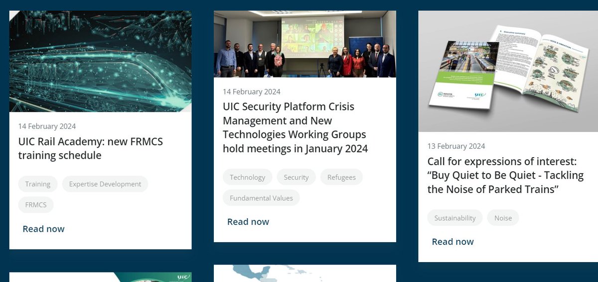 Please find the latest UIC eNews articles on the new FRMCS training schedule of the UIC Rail Academy, the UIC Security Platform Crisis Management & the call for expressions of interest: “Buy Quiet to Be Quiet - Tackling the Noise of Parked Trains”. uic.org/com/enews/