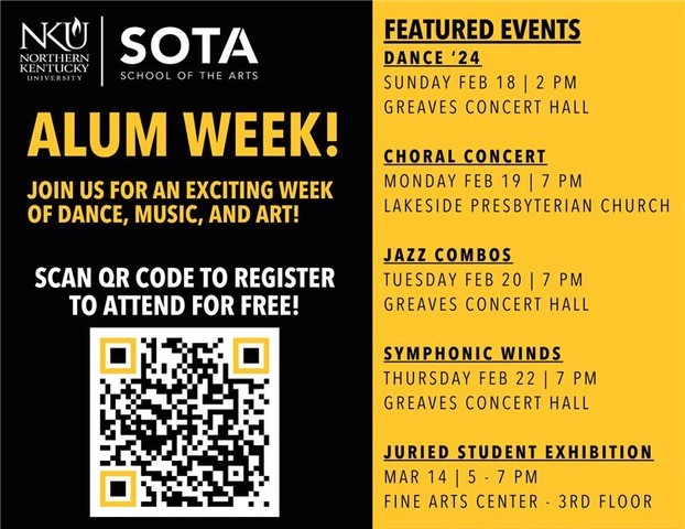 NKU Alumni (@nkualumni) on Twitter photo Calling all <a href="/NKUSOTA/">NKU School of the Arts</a> alums! Support current SOTA students and enjoy great performances during Alum Week...all for FREE! Calling all <a href="/NKUSOTA/">NKU School of the Arts</a> alums! Support current SOTA students and enjoy great performances during Alum Week...all for FREE!