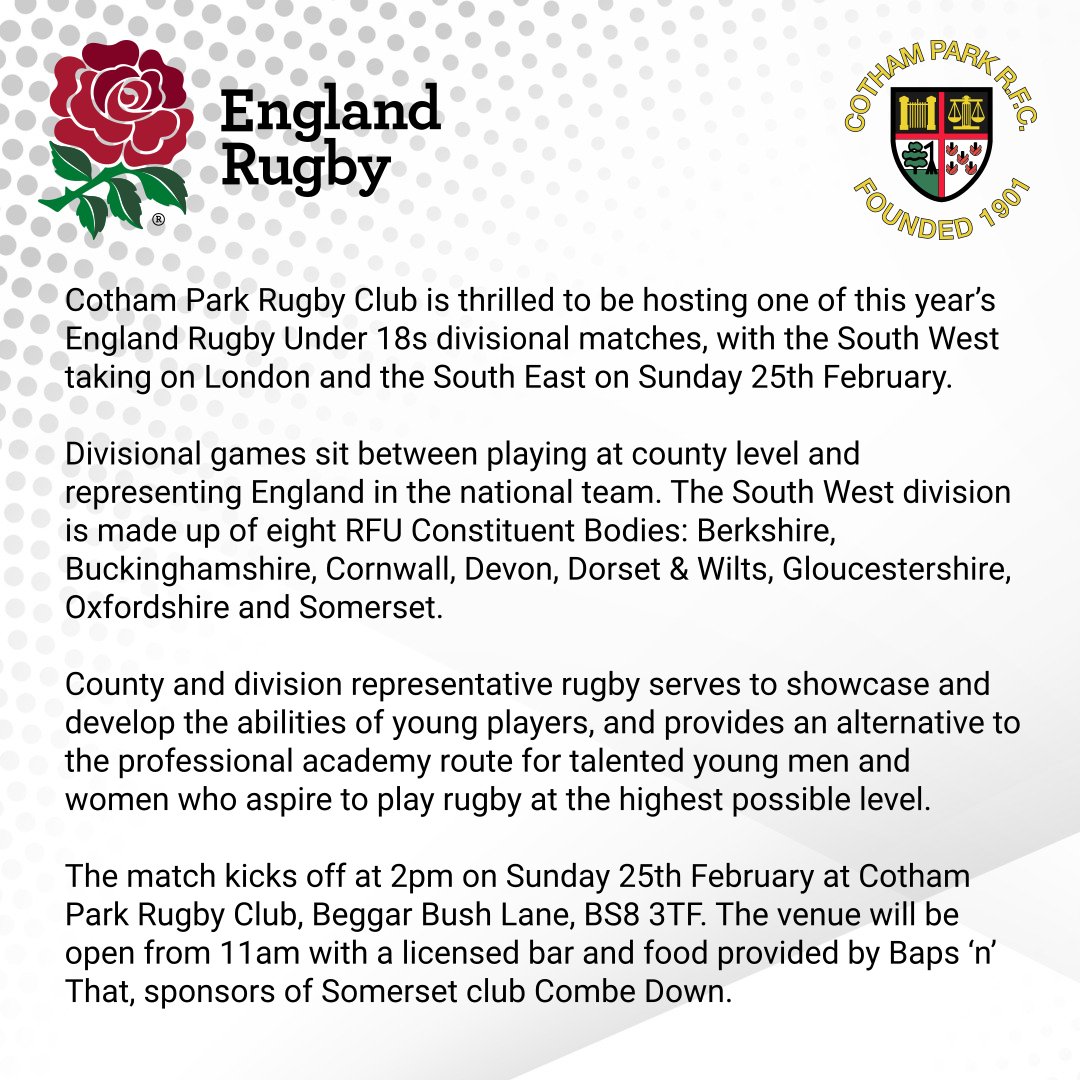 We are really excited to be hosting this one - a showcase of some of the best young rugby talent from across all parts of the South of England. 🏆 U18s Divisional Match 📍 Beggar Bush Lane, BS8 3TF 🗓️ Sunday 25th February, 2pm