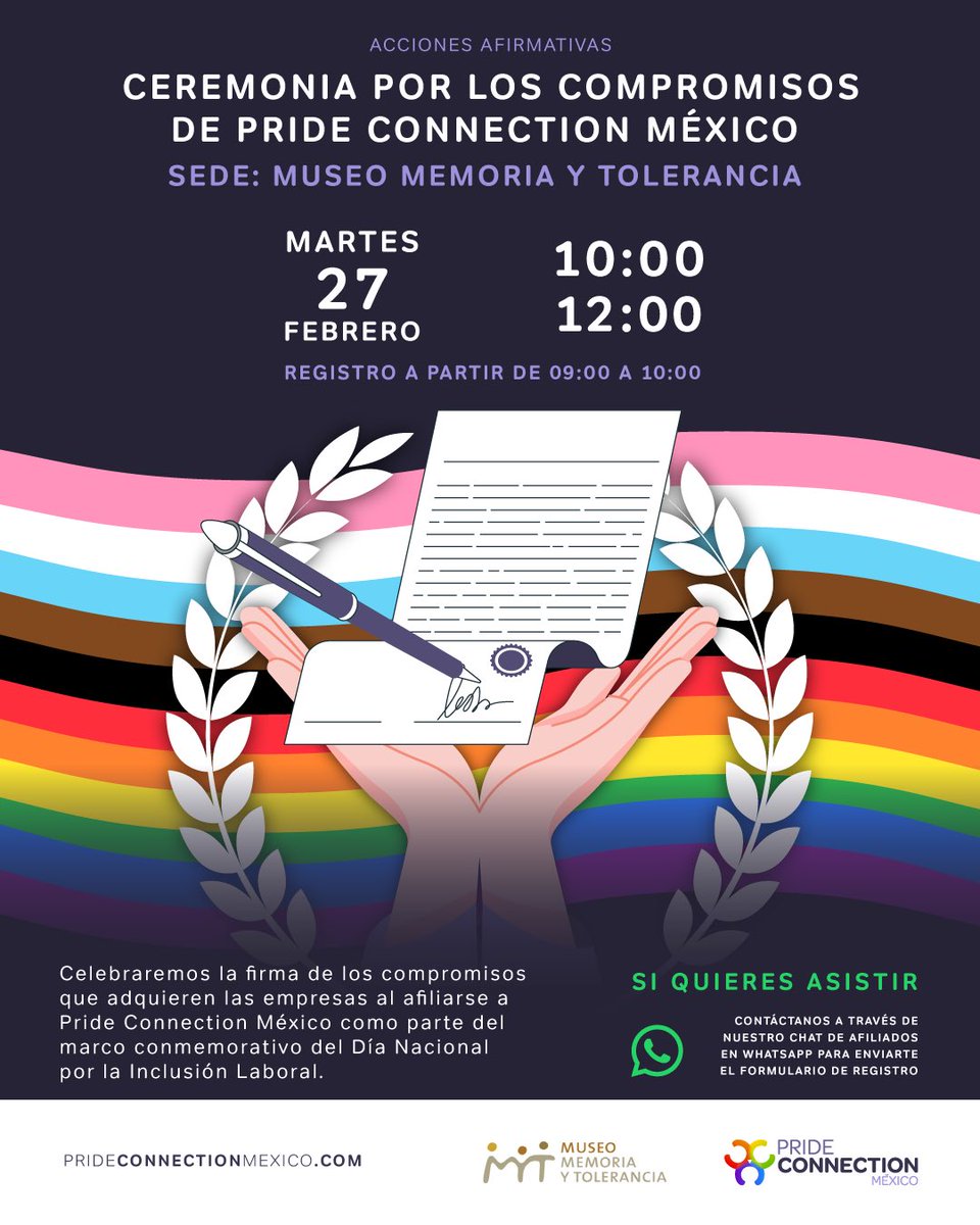 Como parte de nuestras acciones afirmativas, el próximo 27 de febrero en el @MuseoMyT llevaremos a cabo la ceremonia por los compromisos de Pride Connection México. ✍️ En el marco del Día Nacional por la Inclusión Laboral, celebraremos los alcances de esta herramienta.