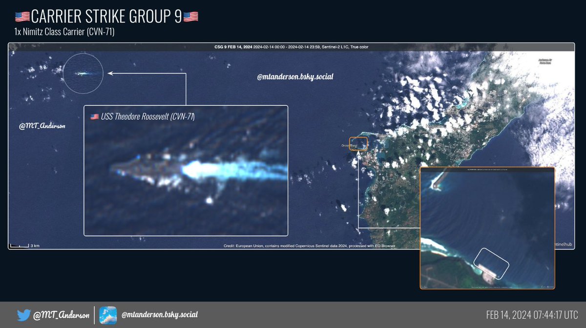 🇺🇸CARRIER STRIKE GROUP 9🇺🇸
CVN-71 spotted leaving Guam on 14 Feb 2024. She had been moored at Kilo Wharf in Apra Harbor since the 6 Feb 2024. She was headed due West at the time of the Sentinel 2📸.
@ianellisjones @USNINews @tom_bike @d_viekass @duandang