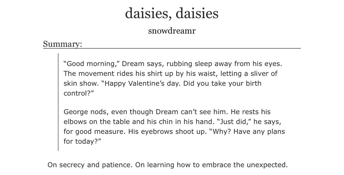 snowdreamr's tweet photo. ‘daisies, daisies’ — for @lesbiangnf 
15.7k | rated E (minors dni) | oneshot

• mpreg, fwb, angst w happy ending

up and running on AO3 :] link in bio <3 https://t.co/RFuXWJriLl