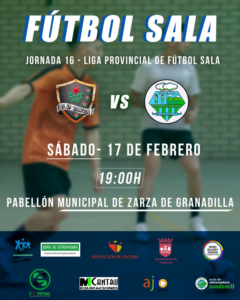 JORNADA 16 - LIGA PROVINCIAL FS ⚽️

📅Sábado, 17 de febrero

🕒19:00h

🆚 U.D Zarza de Granadilla

📍Pabellón Municipal de Zarza de Granadilla

#futbolsala #vamosneacademii