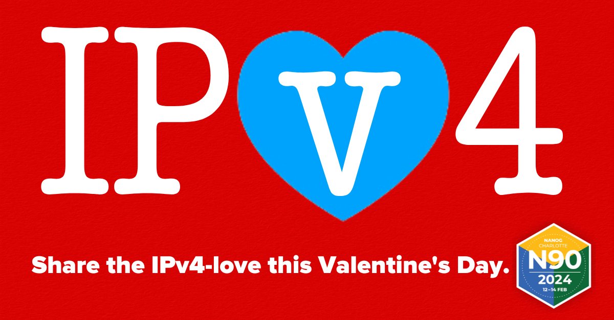 Ipv4G's tweet photo. Share the IPv4-love this Valentine’s Day.
You can find IPv4•GLOBAL at NANOG 90 in Suite 1652. To set up a meeting or contact us, details are in the comments below.
#Ipv4 #BuySellLeaseIPv4 #nanog90 #ReViewIPv4 https://t.co/fn5snox585