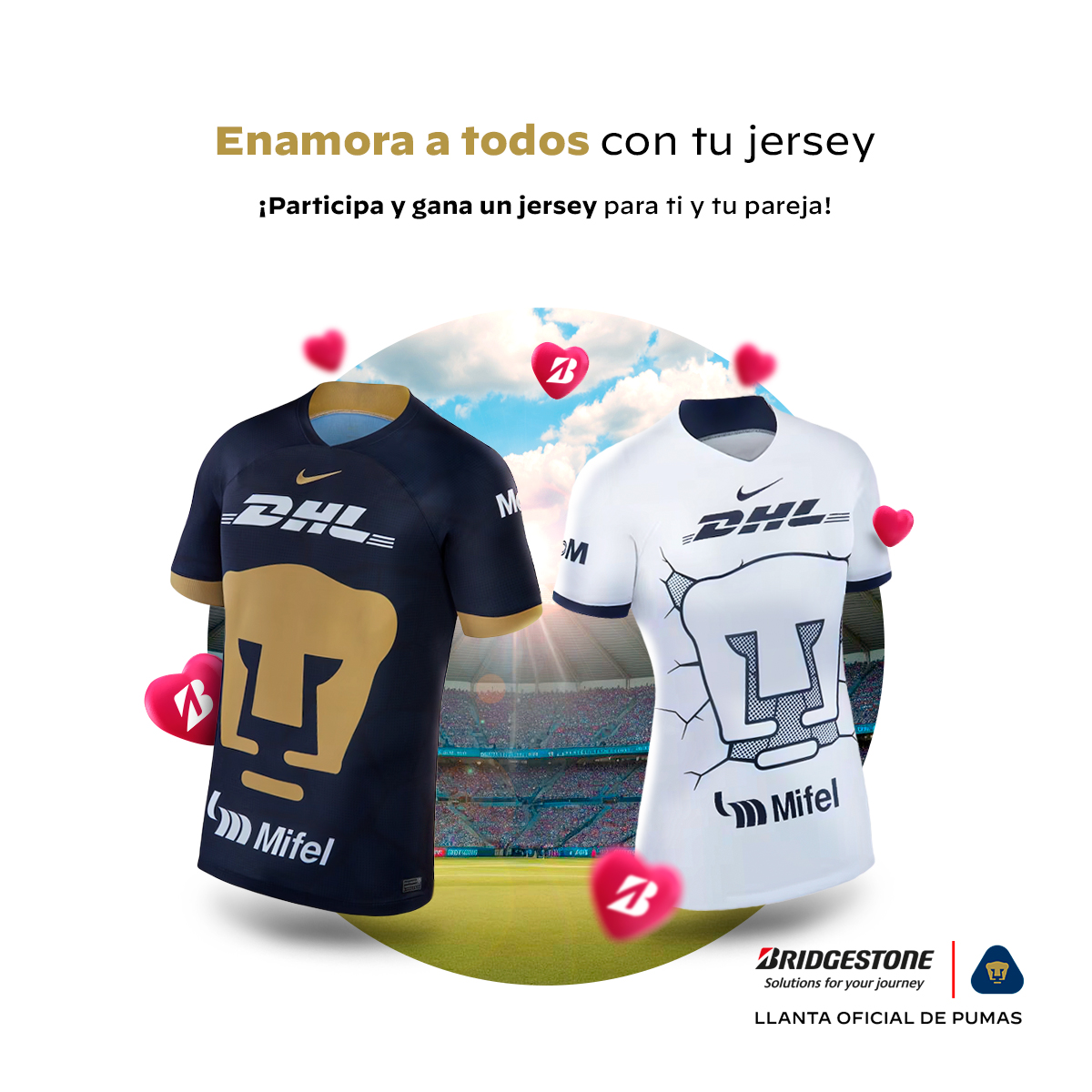 Bridgestone quiere regalarte una playera de <a href="/PumasMX/">PUMAS</a> para este 14 de febrero y estrenar en pareja 🥰

¡Es muy sencillo!

1.  Sigue nuestra cuenta <a href="/Bridgestone_Mx/">BridgestoneMx</a>