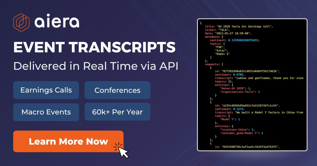 Aiera's Live Transcription API delivers the most accurate and comprehensive solution to distill investor events and real time data into effective insights - All integrated directly into your firm's RMS or internal system.

Learn more: learn.aiera.com/transcript-api/

#api #earnings