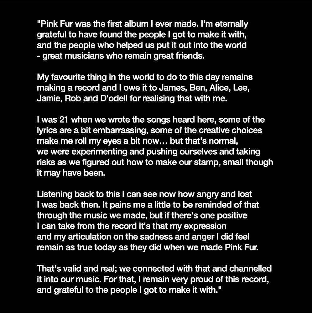 10 years of Pink Fur.

James Smith <a href="/YardActBand/">Yard Act</a> shares his thoughts:

"My expression on the sadness &amp; anger I felt remains as true today. We connected with that &amp; channelled it into our music. For that, I'm proud of this record &amp; grateful to the people I got to make it with."
