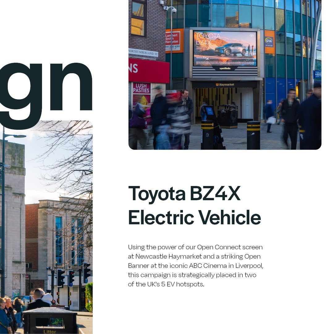 openmediauk's tweet image. Our Toyota BZ4X campaign, in collaboration with @MSIXagency and @kineticOOH hits both Newcastle &amp;amp; Liverpool with a dazzling #OpenBanner in Liverpool &amp;amp; #OpenConnect screen in Newcastle. ⬇️