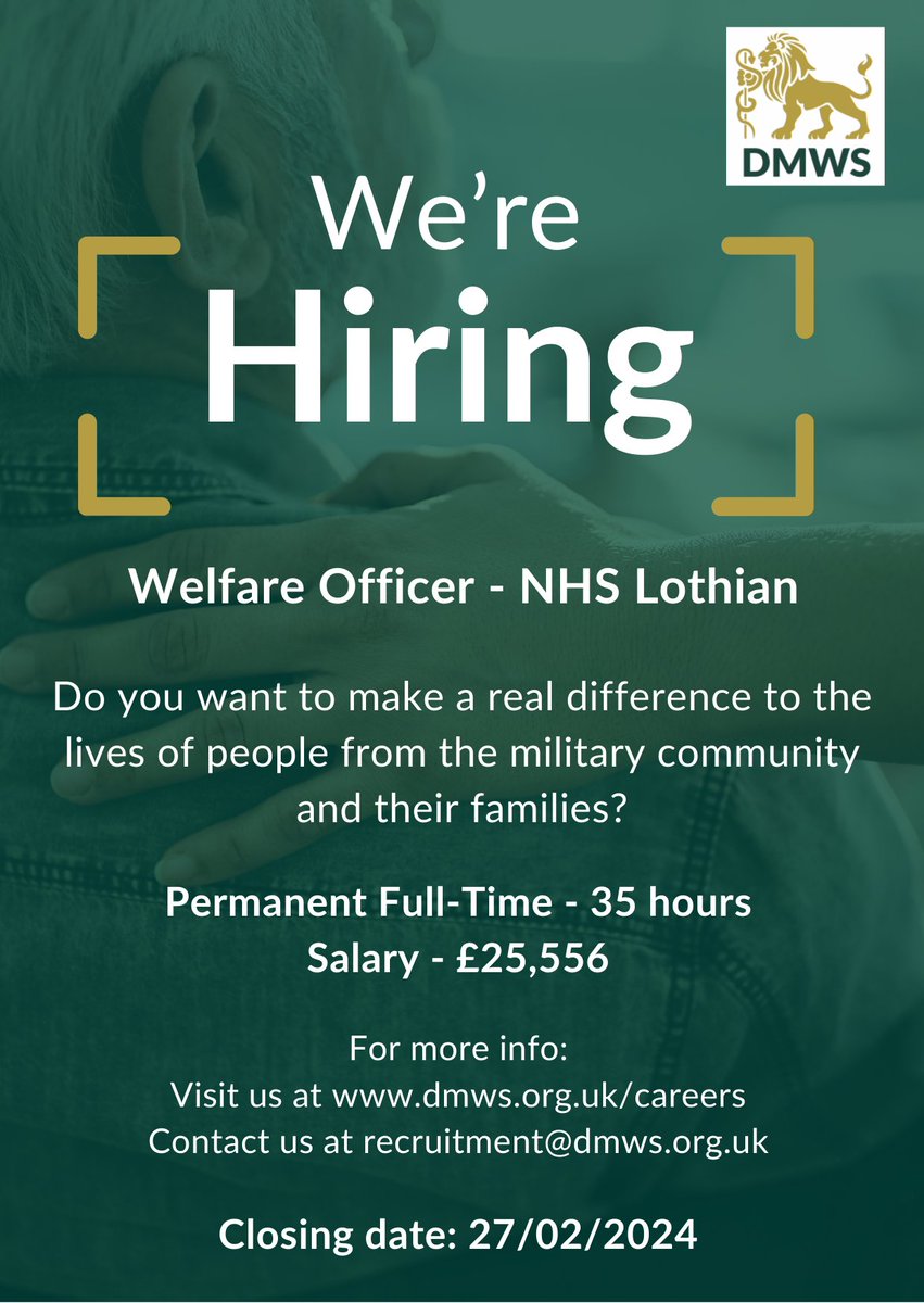 Job Vacancy: Welfare Officer – NHS Lothian Join a great organisation to provide excellent welfare support to the Armed Forces Community! To apply, please visit: dmws.org.uk/careers/welfar… #DMWS #supportingthefrontline