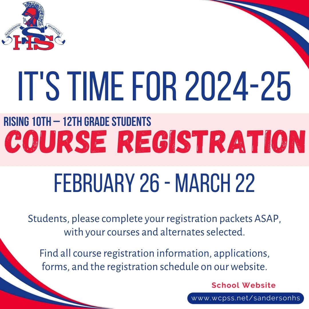 SpartanTweets's tweet photo. 2024-25 course registration, for rising 10-12 grade students, takes place from Feb. 26 - Mar. 22. Students should complete their registration packets ASAP to prepare to meet with their counselors.
All registration info, can be found on our website.
https://t.co/KVGw7IpIhb https://t.co/H3OU2OY3hh