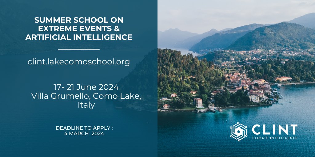 Exciting News! The CLINT Summer School is officially open for applications!

Explore recent advances in #ClimateScience, #MachineLearning, #ExtremeEvents

🗓️June 17 - 20, 2024 in Como, Italy

Check out the program details: clint.lakecomoschool.org/program

Application deadline March 4!!